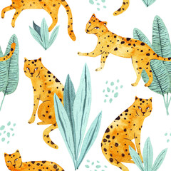 Beautiful seamless watercolor floral summer pattern background with tropical palm leaves, leopard. Perfect for wallpapers, web page backgrounds, surface textures, textile.