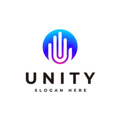 Fototapeta premium Unity letter U with geometrical negative space of hand logo - vector