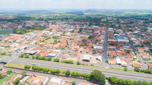 Aerial image of Brodowski city, mother church. Brazil.