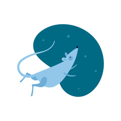 Vector cute flat mouse character illustration. Asian China New Year holiday concept. Gray cartoon rat fly dreaming on blue fluid background. Design element for banner, poster, card, invitation.