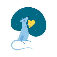 Vector cute flat mouse character illustration. China New Year holiday concept. Gray cartoon rat holding heart shape cheese on blue fluid background. Design element for banner, poster, card, invitation