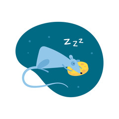 Vector cute flat mouse character illustration. China New Year symbol. Cartoon rat sleeping on cheese pillow with zzz on night fluid background. Design element for banner, poster, card, invitation.
