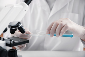 Scientist pouring blue liquid onto slide near microscope on table, closeup. Medical research