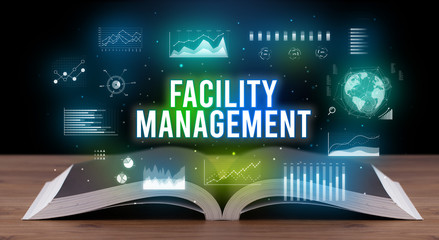 FACILITY MANAGEMENT inscription coming out from an open book, creative business concept