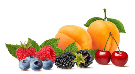 Collage of fresh fruits and berries isolated on white background with clipping path