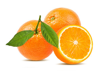 Fresh oranges with leaves isolated on white background with clipping path