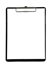 Black clipboard with blank white paper isolated on a white background. 