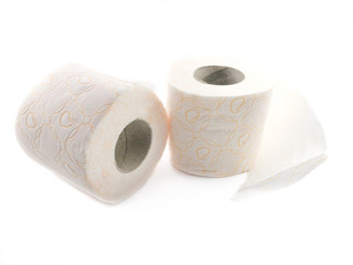 Toilet paper isolated on a white background. The composition of the rolls of toilet paper. Toilet paper with a pattern. Set of toilet paper.