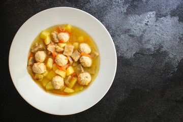 soup meatballs (poultry, chicken, turkey, vegetables) menu concept. food background. top view. copy space