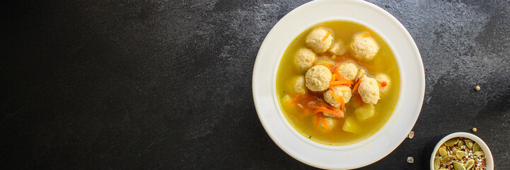 soup meatballs (poultry, chicken, turkey, vegetables) menu concept. food background. top view. copy space