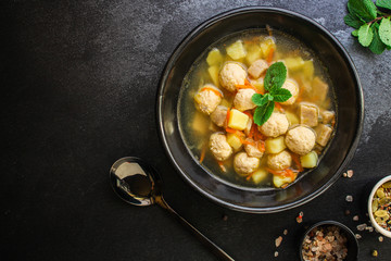 soup meatballs (poultry, chicken, turkey, vegetables) menu concept. food background. top view. copy space