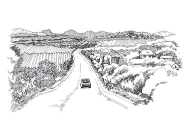 The road to the horizon, the car goes on the road, a sketch of ink.