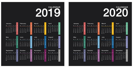 Year 2019 and Year 2020 calendar horizontal vector design template, simple and clean design. Calendar for 2019 and 2020 on ฺBlack Background for organization and business. Week Starts Monday.