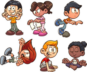 Cartoon kids performing different actions clip art. Vector illustration with simple gradients. Each on a separate layer. 