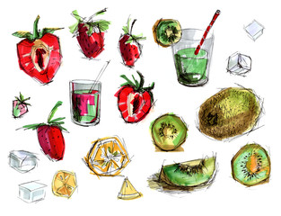 ruit strawberry kiwi lemon set. Drawn by hand markers in bright colors. Pieces of fruit and a glass of juice smoothie