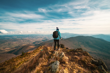Man hiking in mountain, Carpathian mountains, Ukraine