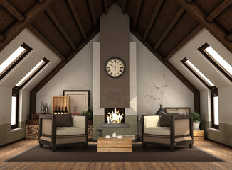 Rertro attic with fireplace with vintage furniture