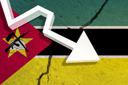 Mozambique Flag on the cracked wall with arrow falling down. Concept of decrease in the country. 3D Illustration