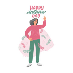Happy mother's day lettering. Elderly mom with decorative leaves..Flat graphic illustration for greeting cards, covers, posters..Hand drawn vector calligraphy.