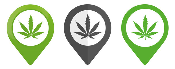 olor Map pointer and marijuana or cannabis leaf icon isolated on white background. Hemp symbol. Vector Illustration
