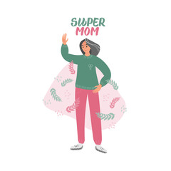 Happy mother's day lettering. Elderly mom with decorative leaves..Flat graphic illustration for greeting cards, covers, posters..Hand drawn vector calligraphy.