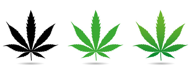 Cannabis leaf icons set. Green silhouette of Indica Sativa isolated white background. Vector illustration - obrazy, fototapety, plakaty