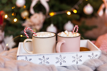 Obraz na płótnie Canvas Christmas concept, hot coffee or cocoa candy canes and marshmallows