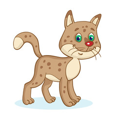 Funny, little, brown, spotted cat. In cartoon style. Isolated on white background. Vector illustration.