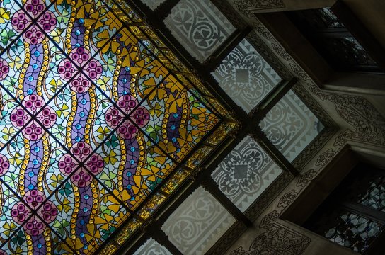 Low Angle Shot Of A Ceiling Created With Colorful Glass Looking Like A Work Of Art