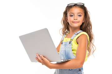 belted portrait of a girl on a white background with a laptop