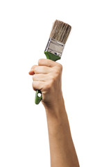 A raised female hand holds a brush for painting various surfaces. Worker with tool isolated on...