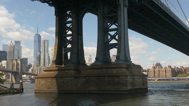 NYC Municipal Building within Manhattan Bridge Base and WTC in Distance