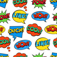 Seamless colorful pattern with comic speech bubbles on white background. Expressions COOL, POW, WOW, OUCH, LIKE. Vector illustration of modern vintage stickers, pop art style