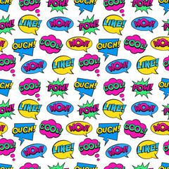 Seamless colorful pattern with comic speech bubbles on white background. Expressions COOL, POW, WOW, OUCH, LIKE. Vector illustration of modern vintage stickers,