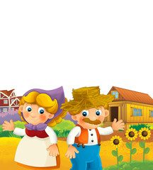 Cartoon happy farm scene - farm couple man and woman happy on white background - illustration for children