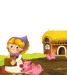 cartoon scene with happy woman working on the farm standing and smiling on white background illustration for children