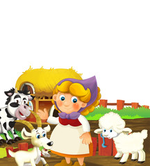 cartoon scene with happy woman working on the farm standing and smiling on white background illustration for children