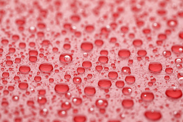 Water drops on red background, closeup view