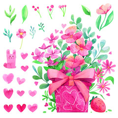 Gift flowers hearts leaves box bunny valentine mother's day postcard watercolor isolated set