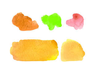 Naklejka premium Set of watercolor elements in bright colors. Vector textured illustration. Abstract aquarelle stains isolated on white background. Hand drawn paint blotch for your design, logo, emblem, banner.