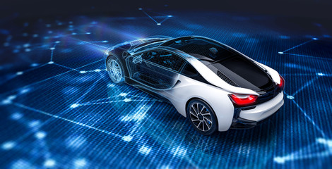 Obraz na płótnie Canvas Futuristic car technology concept with wireframe intersection (3D illustration)