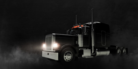Classic black semi truck on dark background with smoke (3D illustration)
