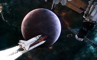 Planet of deep space. Space station, shuttle on background of exoplanet. Science fiction. Elements of this image furnished by NASA © Aaron Alien
