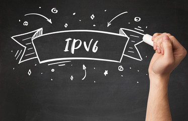 Hand drawing IPV6 abbreviation with white chalk on blackboard