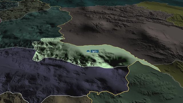 Iğdır - province of Turkey with its capital zoomed on the administrative map of the globe. Animation 3D