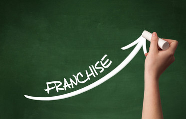 Hand drawing FRANCHISE inscription with white chalk on blackboard, business concept