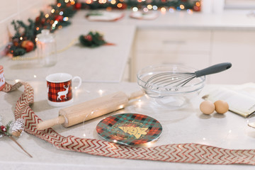 Ingredients for cookies on decorated kitchen countertop