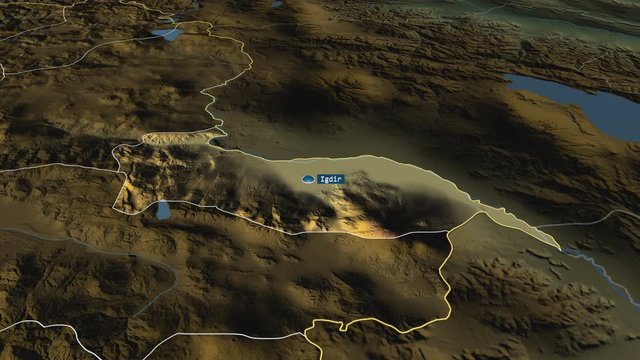 Iğdır - province of Turkey with its capital zoomed on the physical map of the globe. Animation 3D