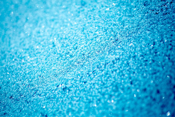 Blue frost on glass. Hoarfrost background close up, copy space