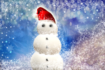 Snowman with Santa hat on snow background.